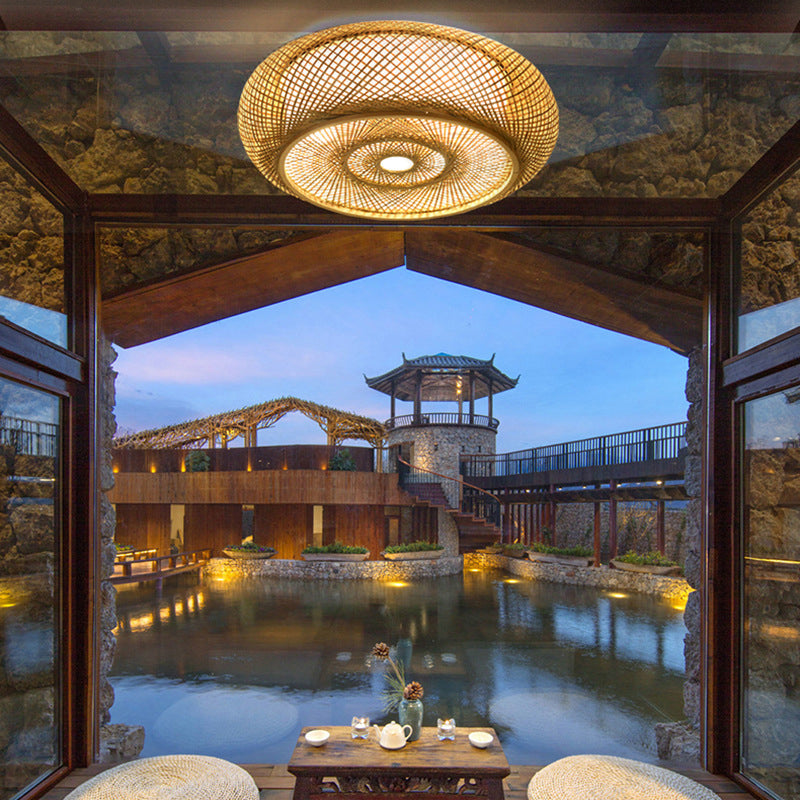 Wooden Circular Ceiling Light in Asian Simplicity Weave Bamboo Flush Mount for Corridor