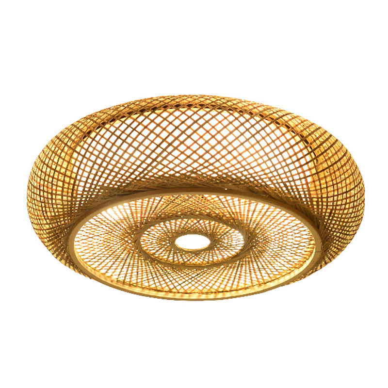 Wooden Circular Ceiling Light in Asian Simplicity Weave Bamboo Flush Mount for Corridor
