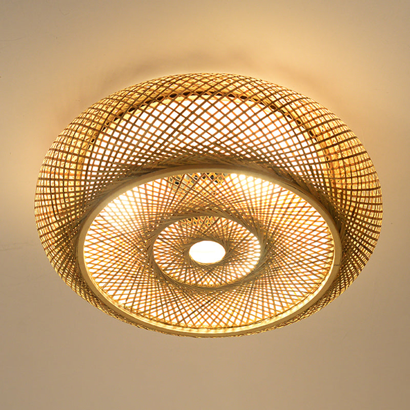 Wooden Circular Ceiling Light in Asian Simplicity Weave Bamboo Flush Mount for Corridor