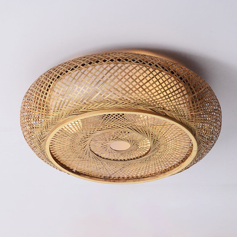 Wooden Circular Ceiling Light in Asian Simplicity Weave Bamboo Flush Mount for Corridor