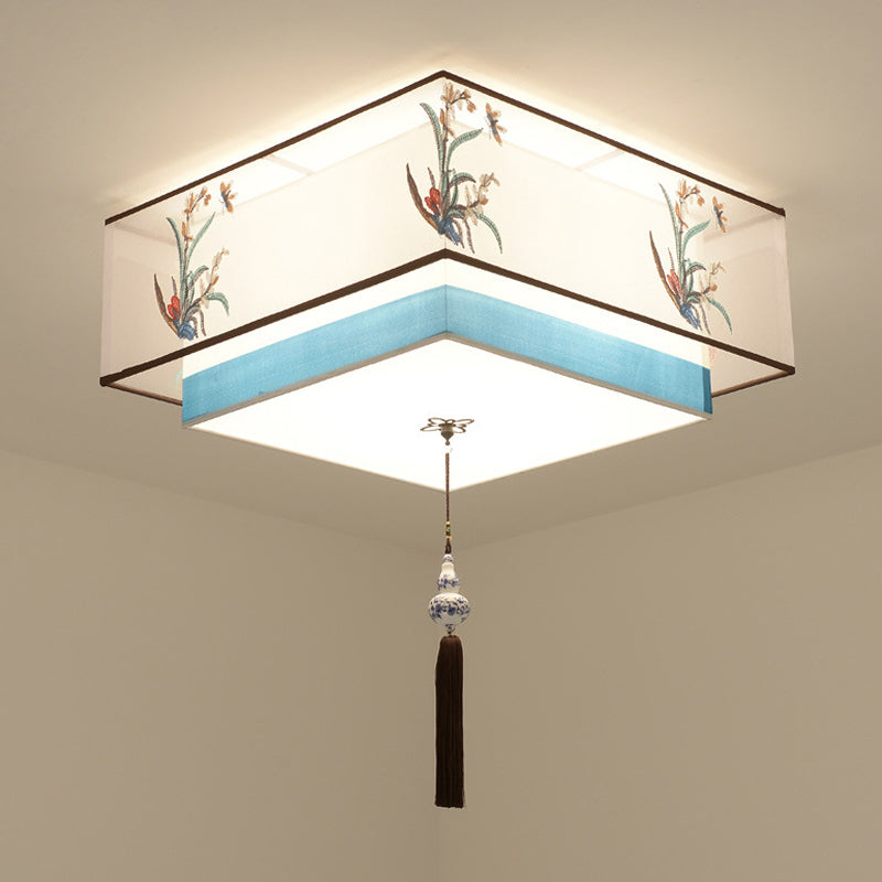 Geometric Wrought Iron Ceiling Light in Traditional Simplicity Fabrics Indoor Flush Mount with Ceramic Flower Decoration