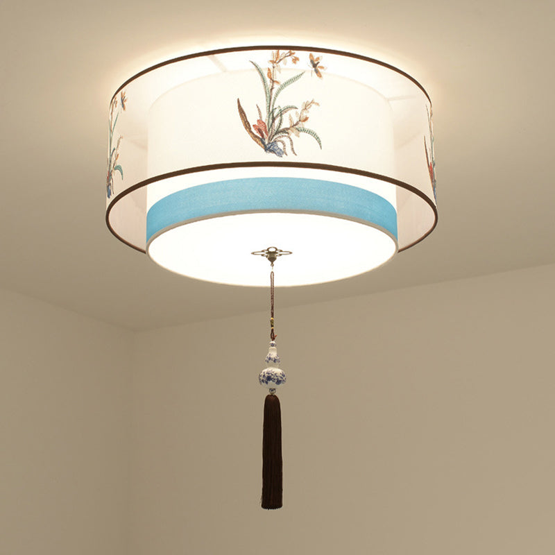 Geometric Wrought Iron Ceiling Light in Traditional Simplicity Fabrics Indoor Flush Mount with Ceramic Flower Decoration