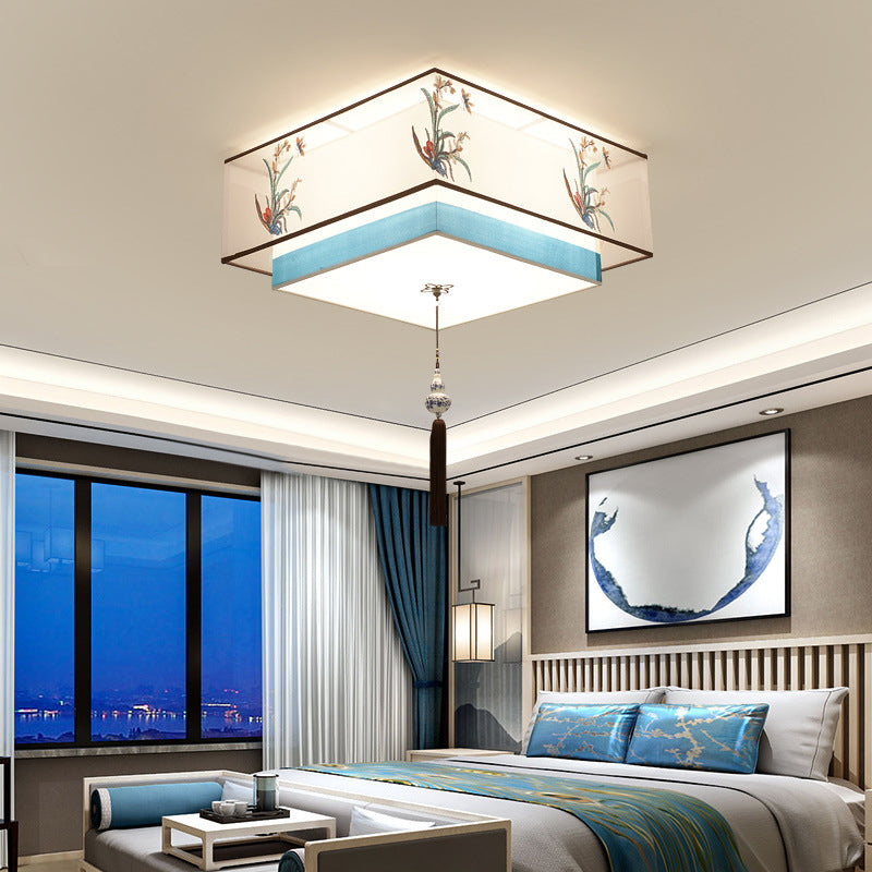 Geometric Wrought Iron Ceiling Light in Traditional Simplicity Fabrics Indoor Flush Mount with Ceramic Flower Decoration