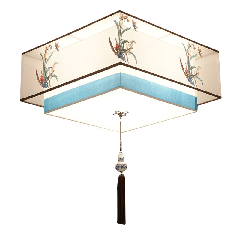 Geometric Wrought Iron Ceiling Light in Traditional Simplicity Fabrics Indoor Flush Mount with Ceramic Flower Decoration