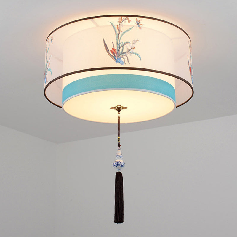 Geometric Wrought Iron Ceiling Light in Traditional Simplicity Fabrics Indoor Flush Mount with Ceramic Flower Decoration