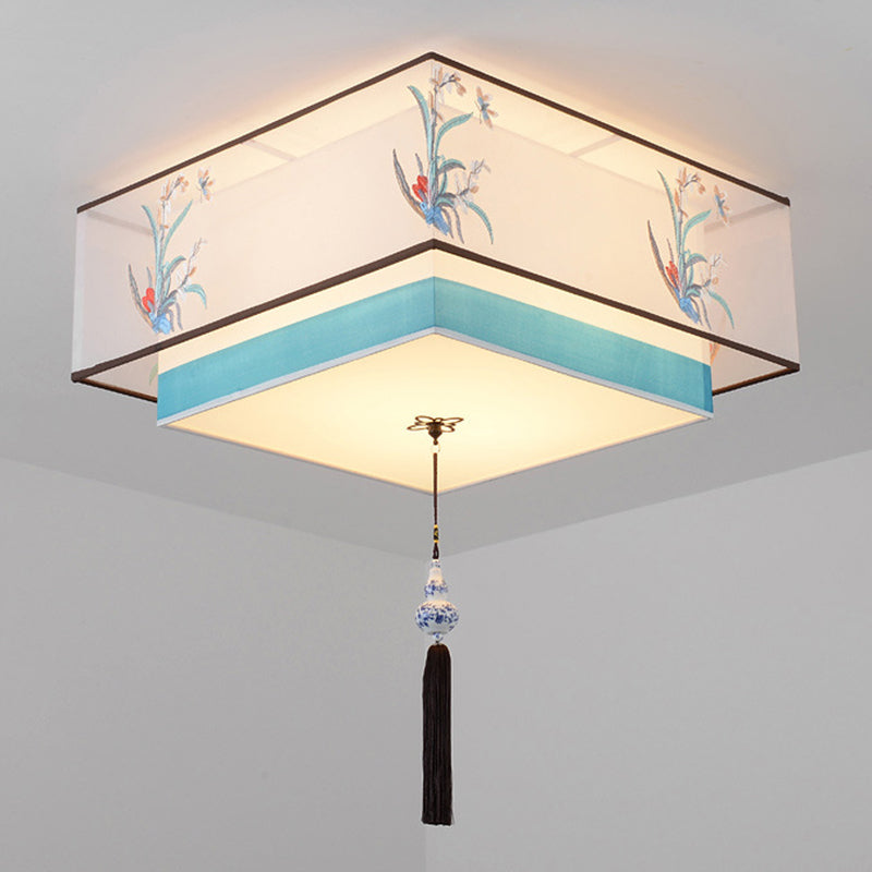 Geometric Wrought Iron Ceiling Light in Traditional Simplicity Fabrics Indoor Flush Mount with Ceramic Flower Decoration