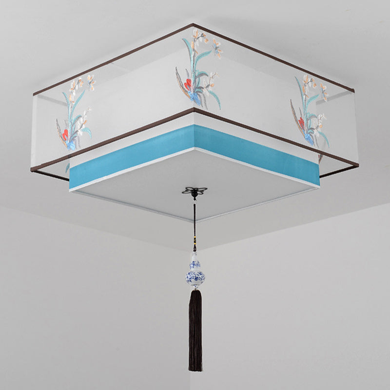 Geometric Wrought Iron Ceiling Light in Traditional Simplicity Fabrics Indoor Flush Mount with Ceramic Flower Decoration