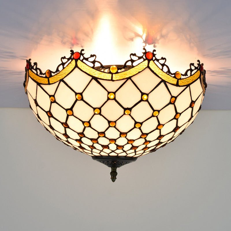 3 Heads Ceiling Lighting Tiffany Scalloped White Glass Flush Light Fixture for Corridor