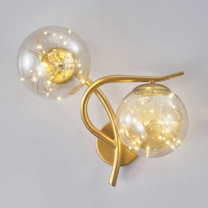 2-Lights Branch Metal Arm Sconce Lights Globe Glass Shade Nordic Style LED Wall Mount Lamp