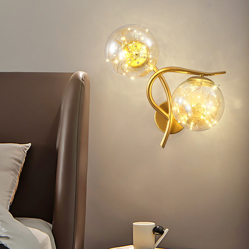 2-Lights Branch Metal Arm Sconce Lights Globe Glass Shade Nordic Style LED Wall Mount Lamp