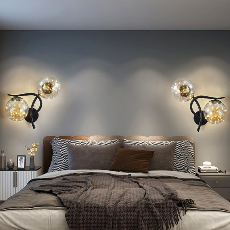 2-Lights Branch Metal Arm Sconce Lights Globe Glass Shade Nordic Style LED Wall Mount Lamp