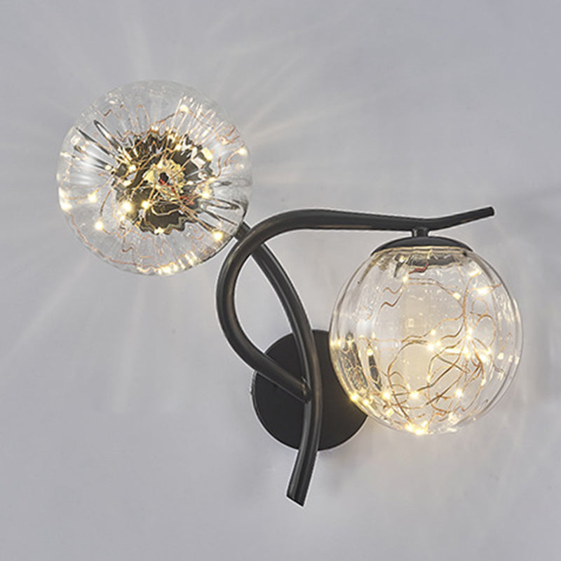 2-Lights Branch Metal Arm Sconce Lights Globe Glass Shade Nordic Style LED Wall Mount Lamp
