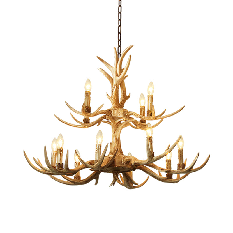 12 Heads Chandelier Lighting Farmhouse 2-Tier Resin Hanging Ceiling Lamp in Brown for Living Room