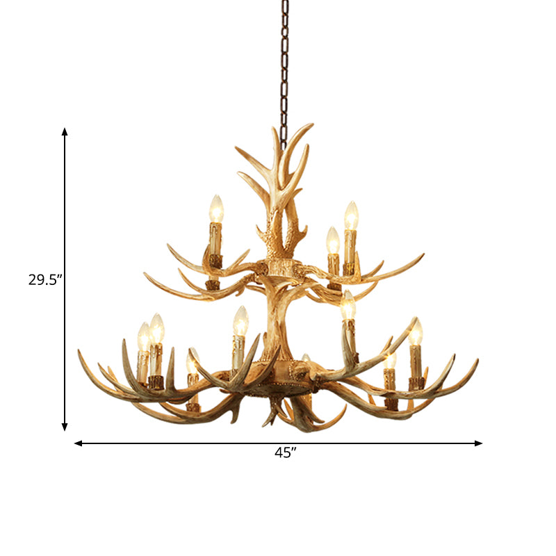 12 Heads Chandelier Lighting Farmhouse 2-Tier Resin Hanging Ceiling Lamp in Brown for Living Room