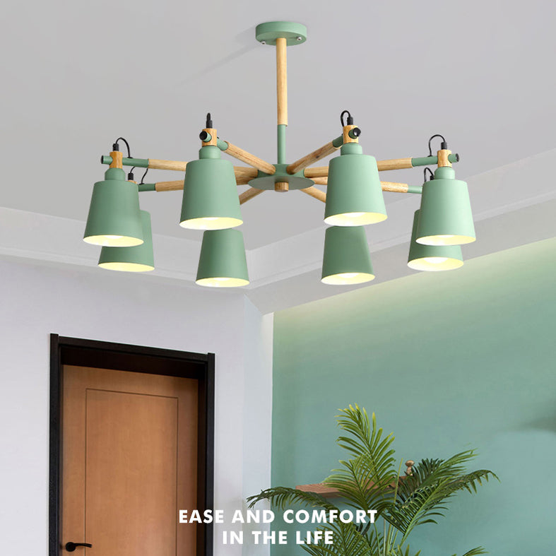 Wooden Sputnik Pendant Light in Nordic Style Wrought Iron Macaron Chandelier for Dining Room