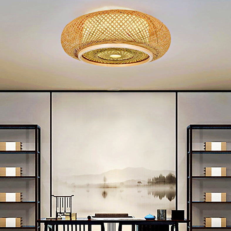 Japanese Style Bamboo Flush Mount Drum Shape Beige Flush Mount Ceiling Fixture for Living Room