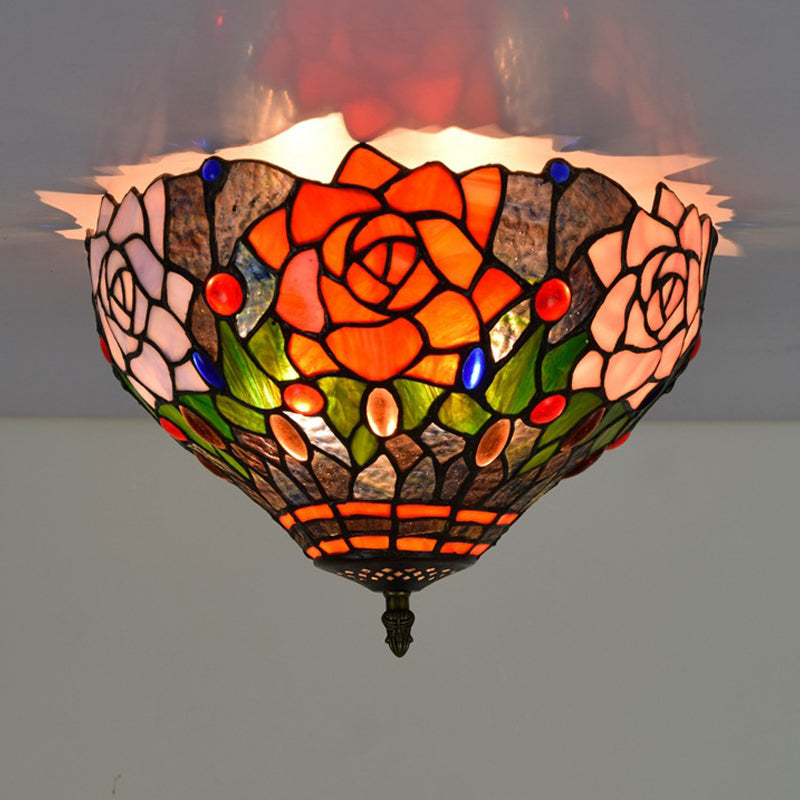 Brass Blossom Lighting Fixture Tiffany 2 Bulbs Multicolored Stained Glass Flush Mount Ceiling Light