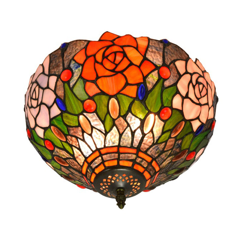 Brass Blossom Lighting Fixture Tiffany 2 Bulbs Multicolored Stained Glass Flush Mount Ceiling Light
