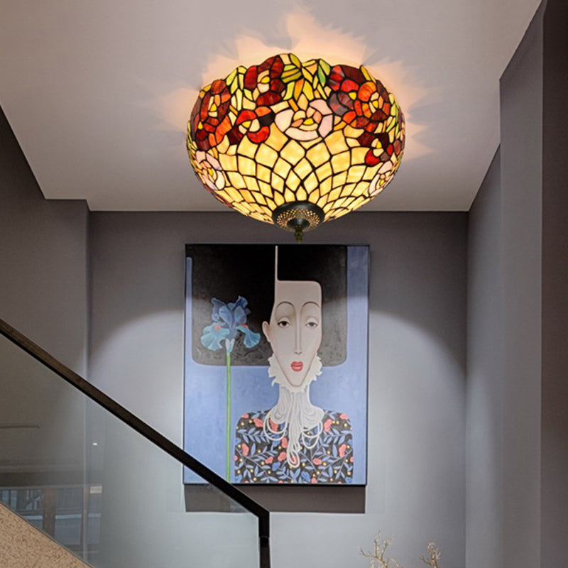 Tiffany-Style Bloom Flush Mount Recessed Lighting 3 Bulb Handcrafted Stained Glass Close to Ceiling Lamp in Bronze