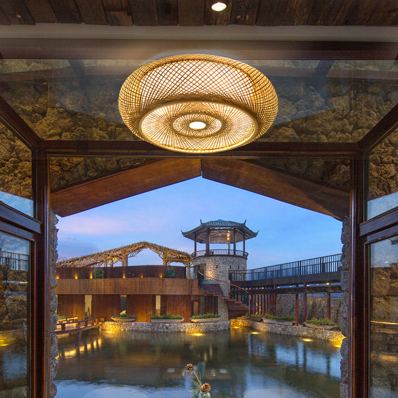 Wooden Circular Ceiling Light in Asian Simplicity Weave Bamboo Flush Mount for Corridor