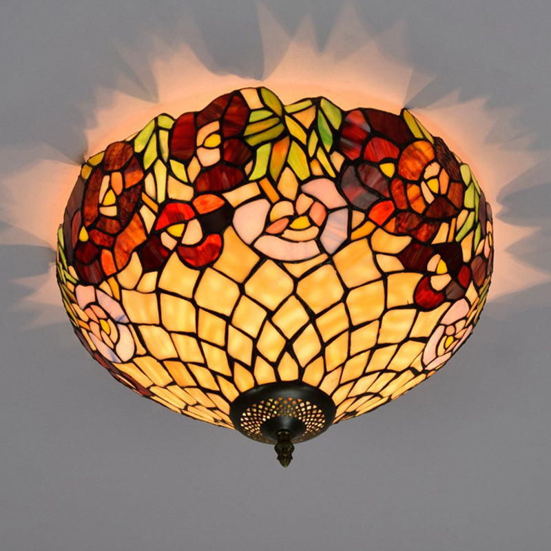Tiffany-Style Bloom Flush Mount Recessed Lighting 3 Bulb Handcrafted Stained Glass Close to Ceiling Lamp in Bronze