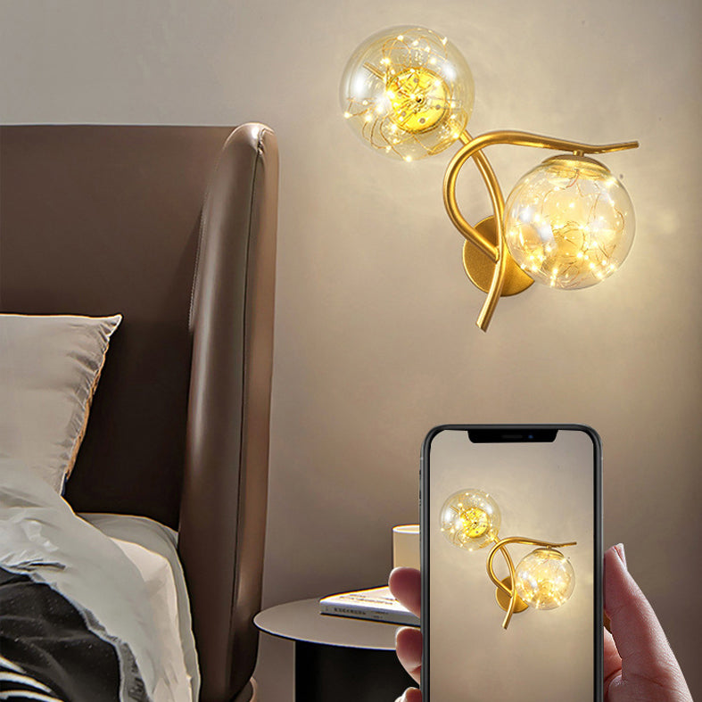 2-Lights Branch Metal Arm Sconce Lights Globe Glass Shade Nordic Style LED Wall Mount Lamp