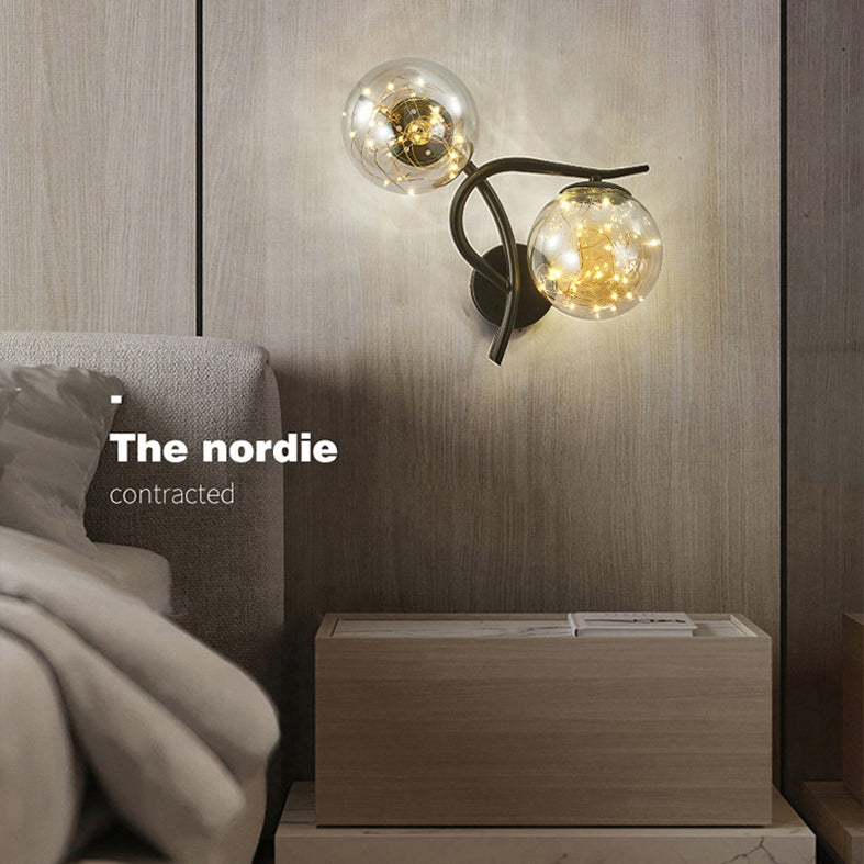 2-Lights Branch Metal Arm Sconce Lights Globe Glass Shade Nordic Style LED Wall Mount Lamp