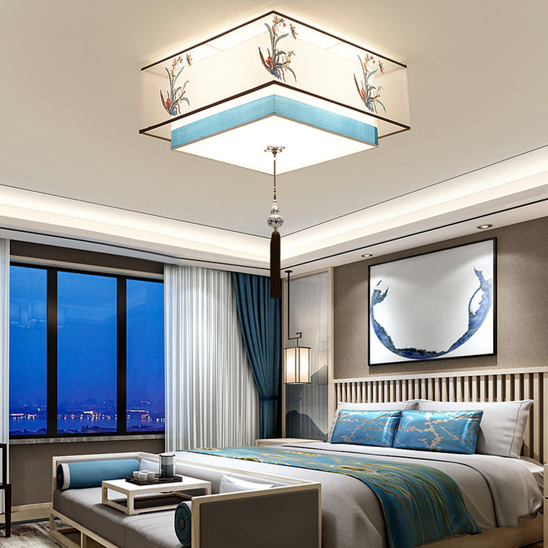 Geometric Wrought Iron Ceiling Light in Traditional Simplicity Fabrics Indoor Flush Mount with Ceramic Flower Decoration