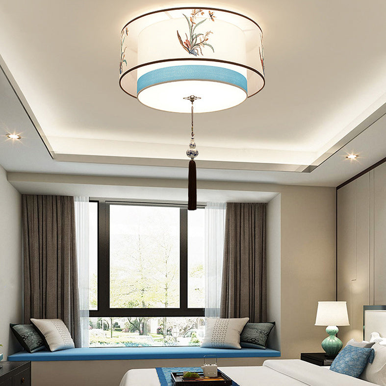 Geometric Wrought Iron Ceiling Light in Traditional Simplicity Fabrics Indoor Flush Mount with Ceramic Flower Decoration