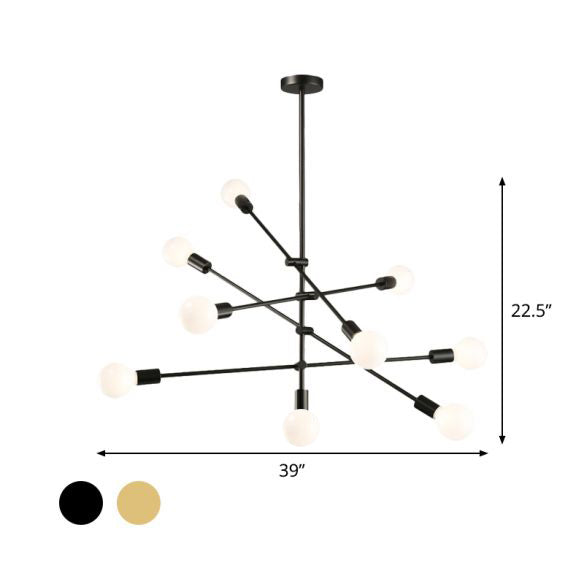 Midden-eeuws sputnik kroonluchter verlichting metallic 8+1 lichten woonkamer plafondlamp in zwart/gouden afwerking