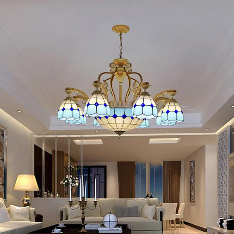 Cut Glass Orange/Blu/Blu Dark Hanging Chandelier a cupola 8/11 Luci a sospensione in stile Tiffany Kit a ciondolo, 31,5 "/37,5"