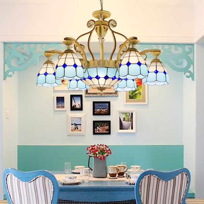 Cut Glass Orange/Blu/Blu Dark Hanging Chandelier a cupola 8/11 Luci a sospensione in stile Tiffany Kit a ciondolo, 31,5 "/37,5"
