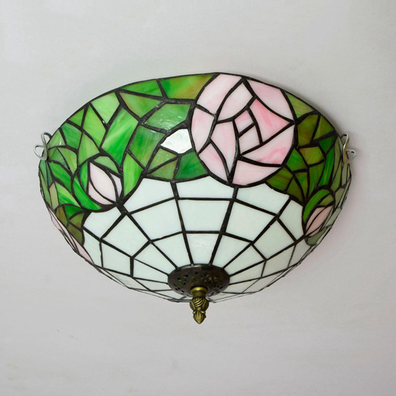 Rose Ceiling Flush Tiffany-Style Stained Art Glass 2 Heads Bronze Flush Mount Spotlight for Bedroom