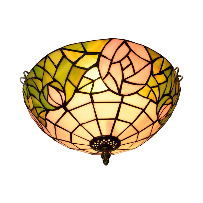 Rose Ceiling Flush Tiffany-Style Stained Art Glass 2 Heads Bronze Flush Mount Spotlight for Bedroom