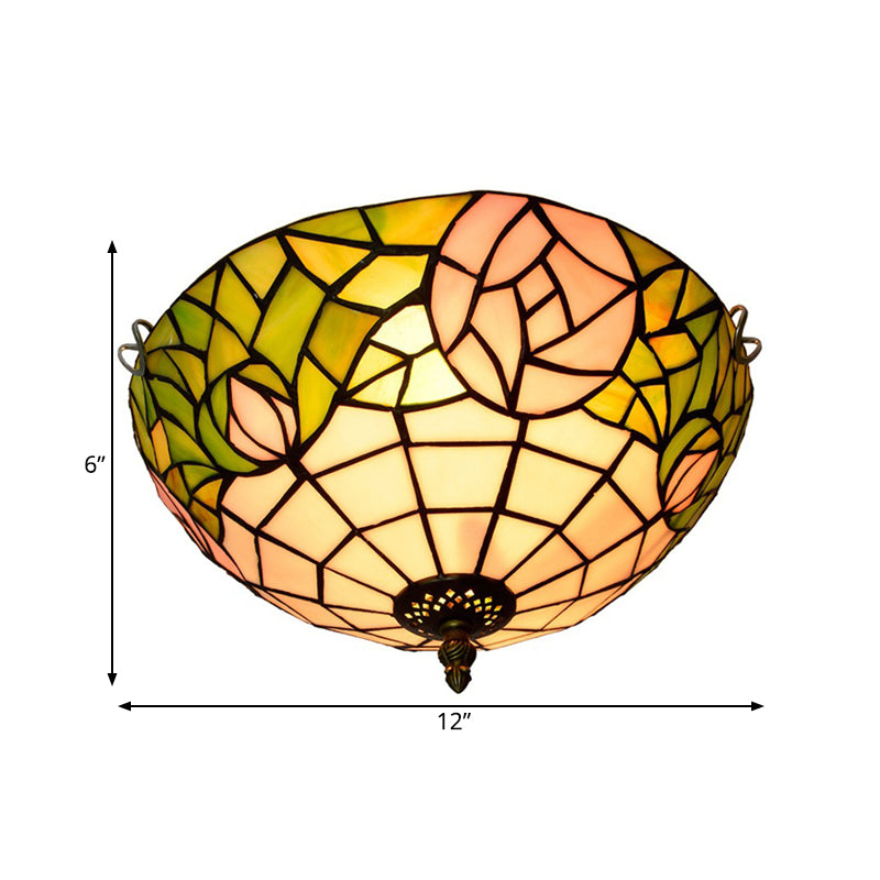 Rose Ceiling Flush Tiffany-Style Stained Art Glass 2 Heads Bronze Flush Mount Spotlight for Bedroom