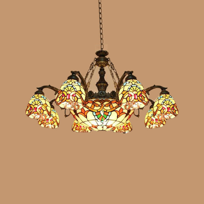 8/11 Lights Living Room Ceiling Chandelier Mediterranean Brown Pendant Lamp with Flower Stained Glass Shade