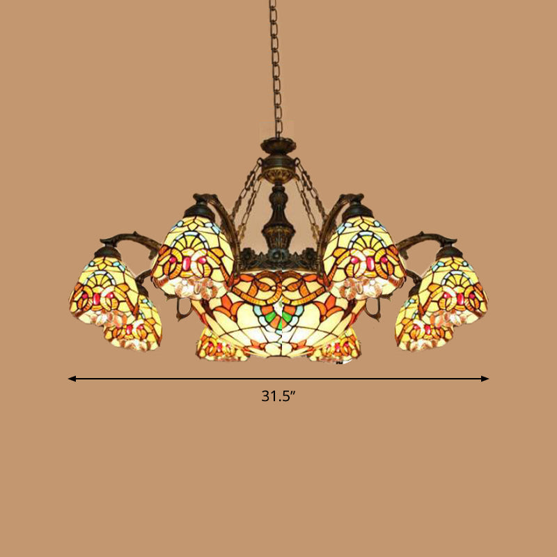 8/11 Lights Living Room Ceiling Chandelier Mediterranean Brown Pendant Lamp with Flower Stained Glass Shade