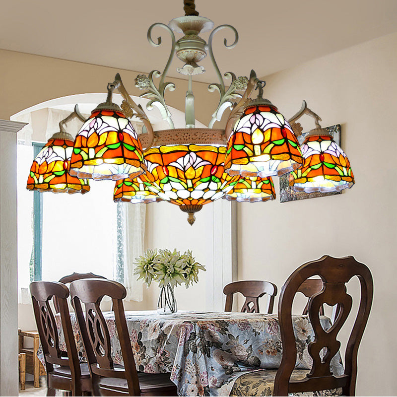 Dome Chandelier 9/11 Lights Stained Glass Mediterranean Hanging Pendant Light in Distressed White
