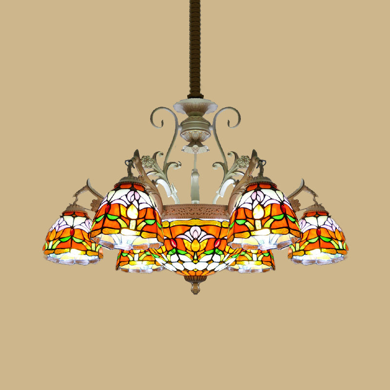 Dome Chandelier 9/11 Lights Stained Glass Mediterranean Hanging Pendant Light in Distressed White