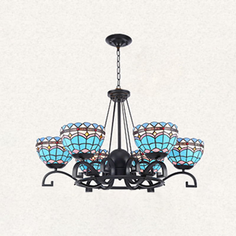 Dome Hanging Chandelier 3/6/8 Lights Blue/Blue and Clear Glass Baroque Ceiling Pendant for Living Room, 25"/29"/36.5" W