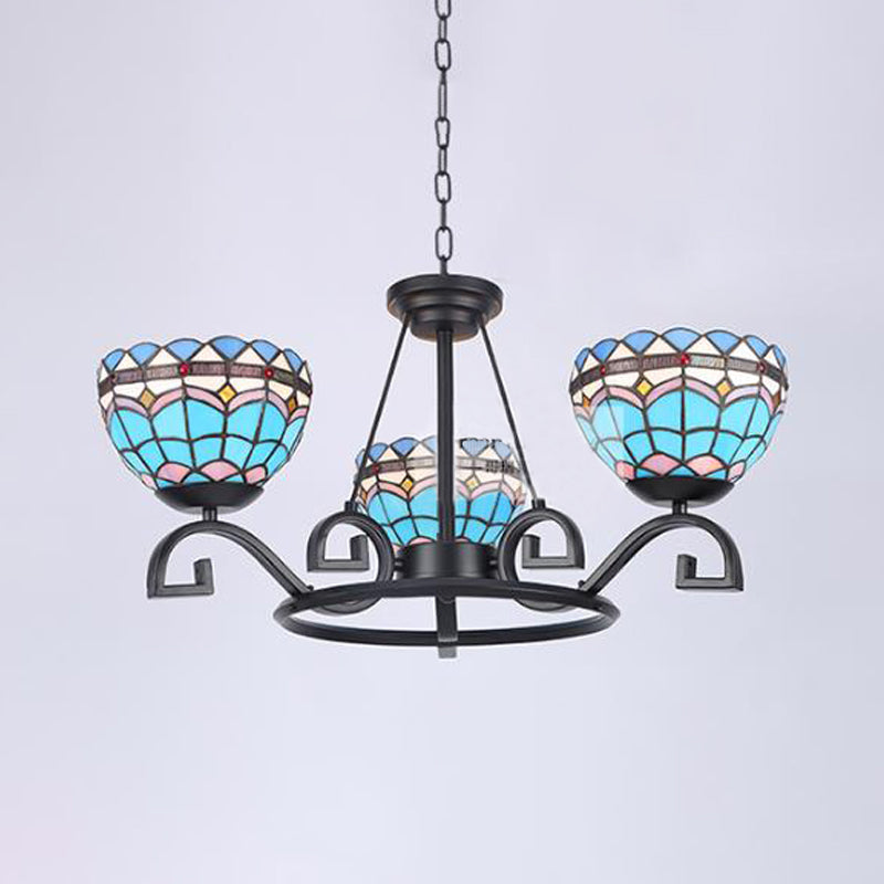 Dome Hanging Chandelier 3/6/8 Lights Blue/Blue and Clear Glass Baroque Ceiling Pendant for Living Room, 25"/29"/36.5" W