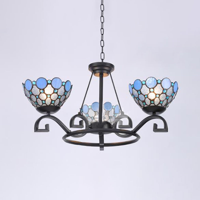 Dome Hanging Chandelier 3/6/8 Lights Blue/Blue and Clear Glass Baroque Ceiling Pendant for Living Room, 25"/29"/36.5" W