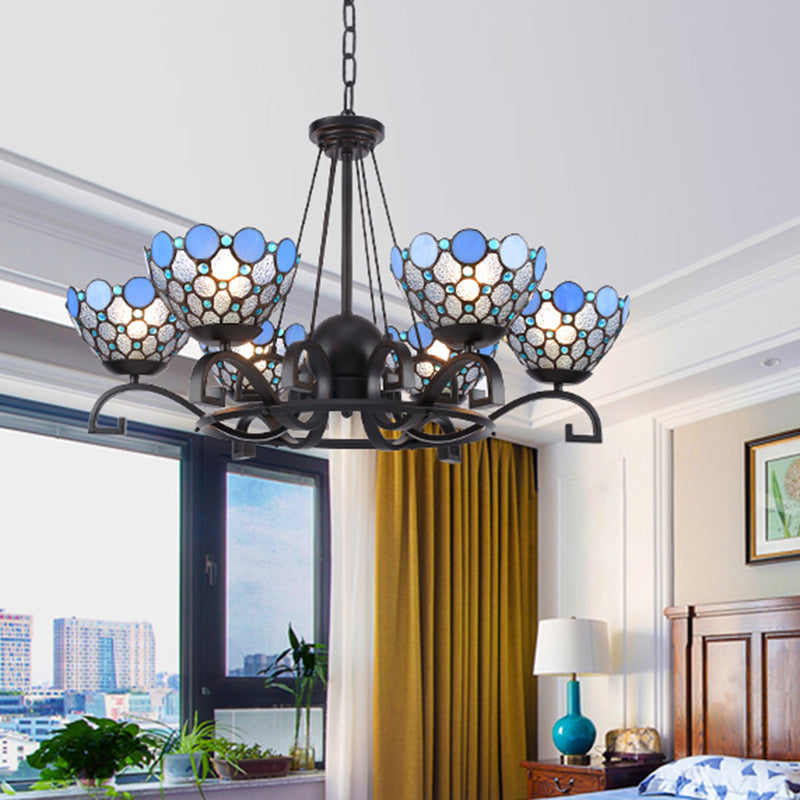 Dome Hanging Chandelier 3/6/8 Lights Blue/Blue and Clear Glass Baroque Ceiling Pendant for Living Room, 25"/29"/36.5" W