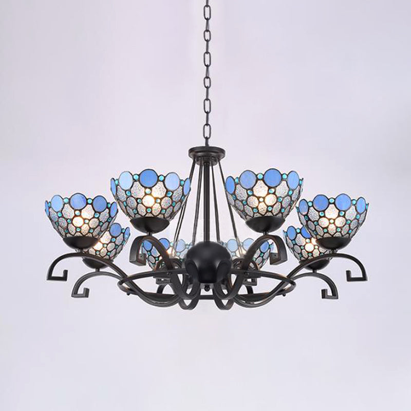 Dome Hanging Chandelier 3/6/8 Lights Blue/Blue and Clear Glass Baroque Ceiling Pendant for Living Room, 25"/29"/36.5" W