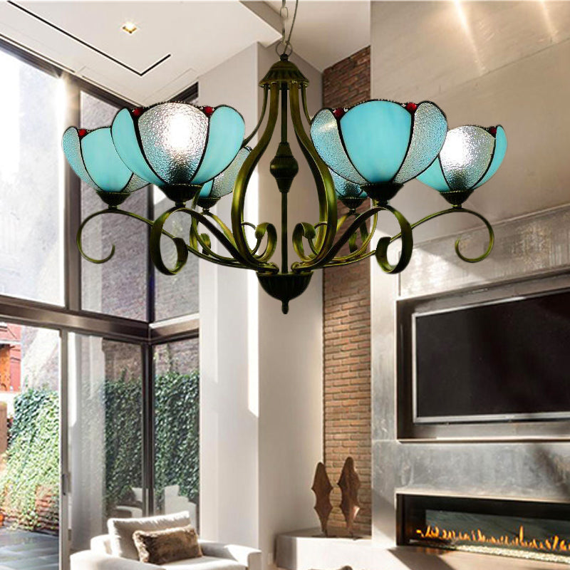 Yellow/Blue Scalloped Chandelier Lamp Tiffany 3/6/8 Lights Stained Glass Hanging Light Fixture