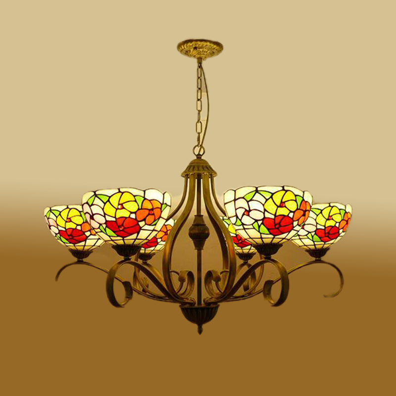 Lampadario del soffitto in vetro colorato di fiori mediterranei 3/6/8 luci a sospensione di ottone antico