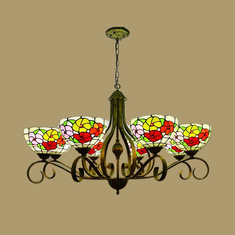 Lampadario del soffitto in vetro colorato di fiori mediterranei 3/6/8 luci a sospensione di ottone antico