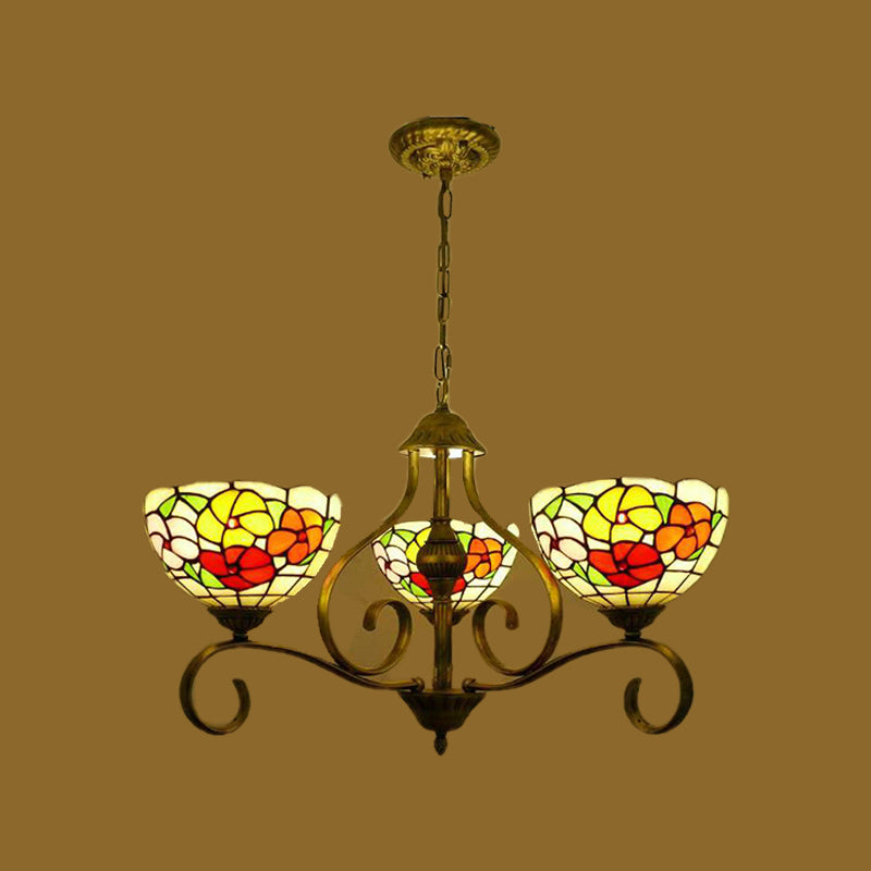Lampadario del soffitto in vetro colorato di fiori mediterranei 3/6/8 luci a sospensione di ottone antico
