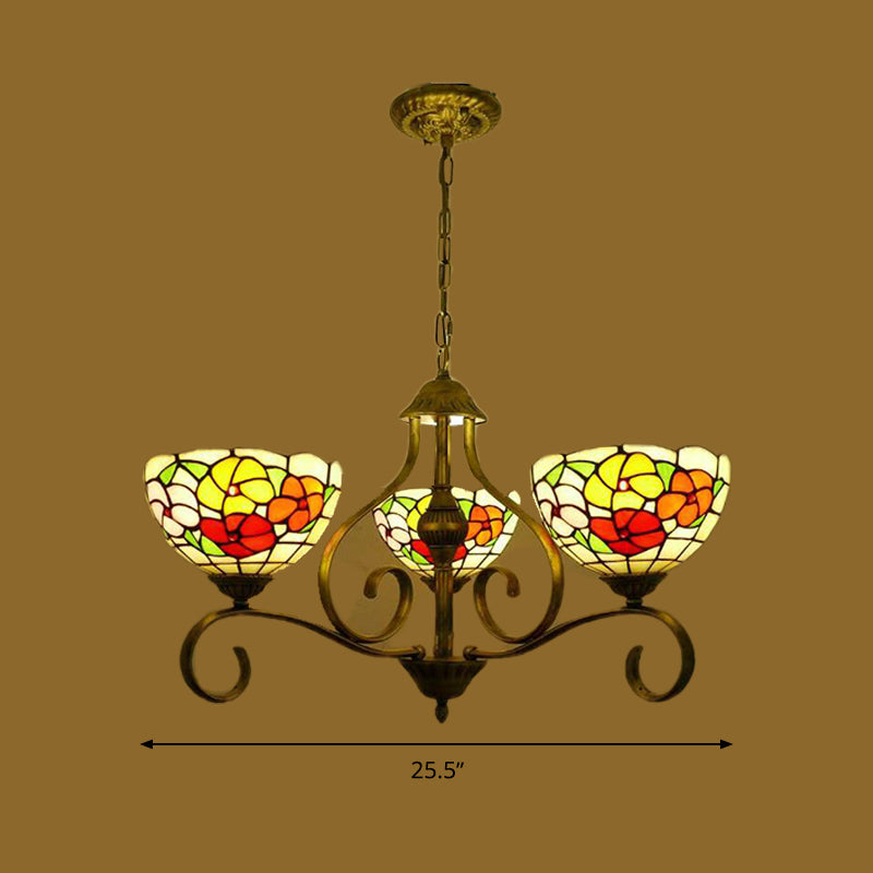 Lampadario del soffitto in vetro colorato di fiori mediterranei 3/6/8 luci a sospensione di ottone antico
