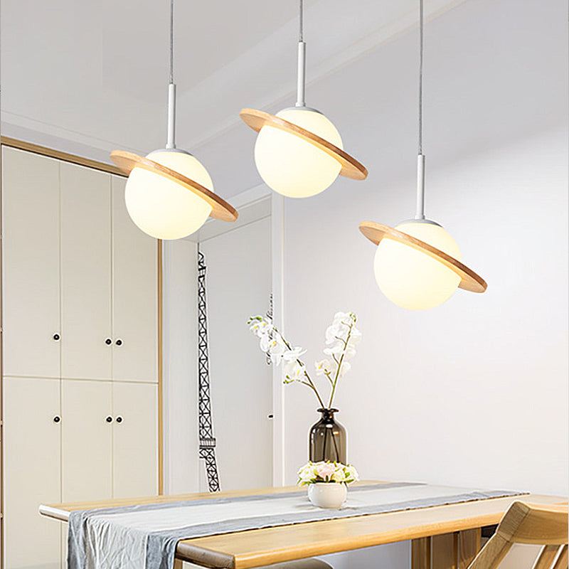 Modern Style Ceiling Light with Moon Design Glass Shape, Wood Accents Cluster Lighting